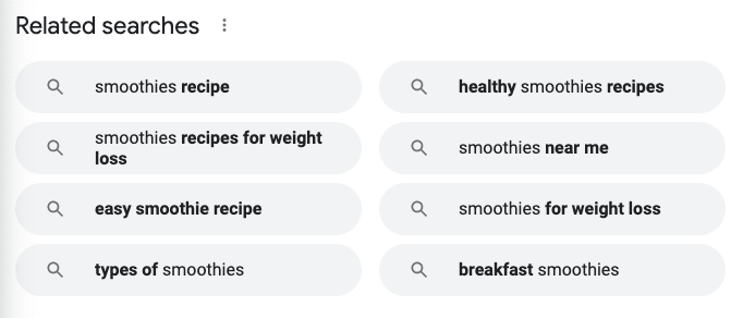 Graphic showing Google Related Searches for the Query Smoothies